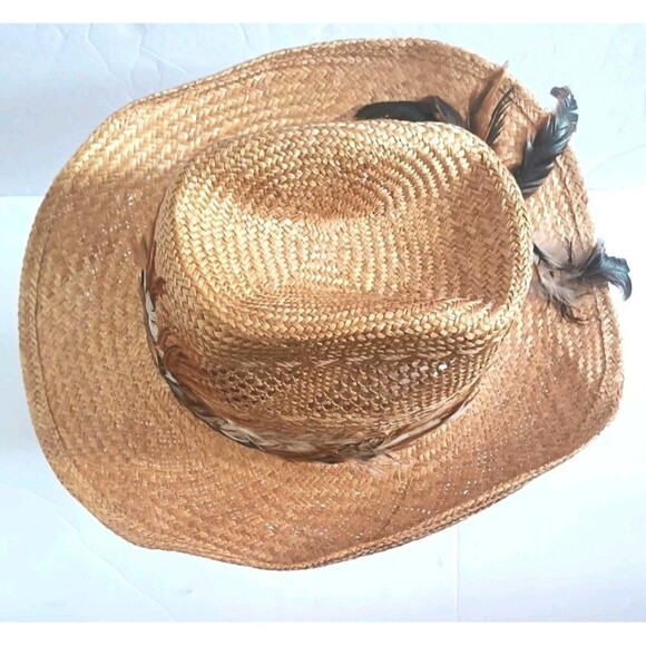 Vintage Levi's Hat Straw Cowboy 1970’s Original Feathers Sz Large Coastal Cowboy - Picture 7 of 10
